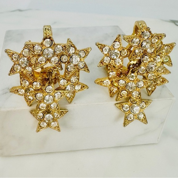 Vintage 80s Star Cluster Earrings Clip On Crystal Disco Glam Articulated Dangle - Picture 9 of 9